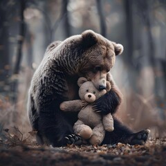 Brown bear cuddling soft plush teddy bear in a forest