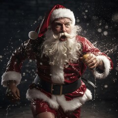 Santa claus happy and running in snowy background 