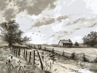 Fototapeta premium Countryside landscape illustration in the style of etching/engraved illustration , generated with ai