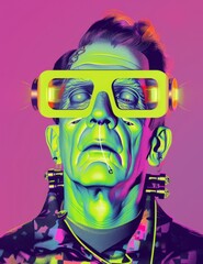 surrealistic poster in a 1950s retro-pop-realistic style, depicting Frankenstein styled as an art director at an 80s rollerblade night party. generated with AI