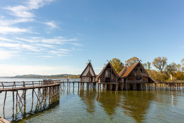 Stilt houses (Pfahlbauten), Stone and Bronze age dwellings in Unteruhldingen town, Lake Constance...