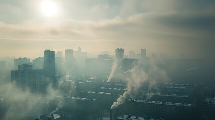 Heavy smog in a big city, visualizing air pollution and environmental health issues.