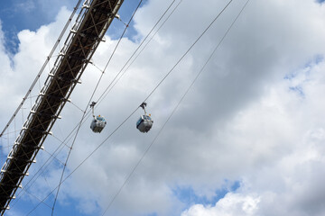 Cable cars and a foot bridge allow cyclists and people to reach the mountain top at a ski resort
