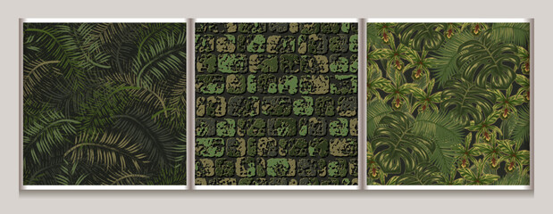 Seamless khaki green camouflage patterns with palm leaves, tropic foliage, brick stone wall. For apparel, fabric, textile, sport goods design.