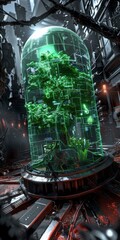 A digitally rendered future sci-fi scene illustrating a green energy biosphere amidst industrial surroundings