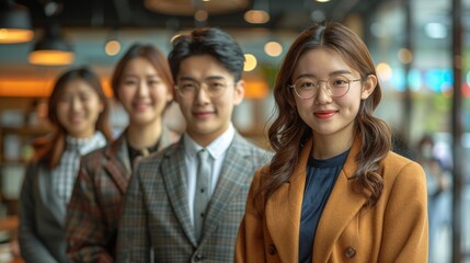 Obraz premium Four smiling young friends posing together in a café with a cozy ambiance