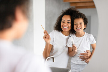 African American woman and a child standing in front of a bathroom mirror, brushing their teeth...