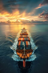 A majestic cargo ship filled with containers sailing through the ocean at sunrise, symbolizing global trade navigation