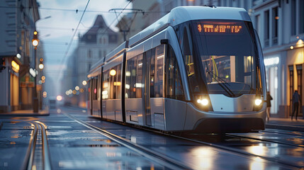 Modern public transport system, like a tram or electric bus, in urban settings.
