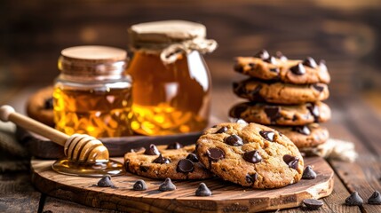 Honey in open jars and in a bowl, dipper and homemade cookies with chocolate chips on a wooden background. Homemade cakes and honey for breakfast. Composition of craft chocolate cookies and honey. - obrazy, fototapety, plakaty
