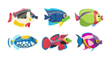Naklejka premium Isolated cartoon collection of colorful sea fish and vibrant coral reef inhabitant on white