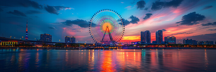 Enchanting Evening View of a Colorful Ferris,
A city with a Ferris wheel in the foreground

