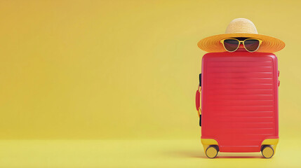 A red 3D suitcase with sunglasses and a hat on a yellow pastel background. concept travel vacation summer trip banner. Leisure Travel, Adventure