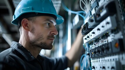 Electrician inspecting electrical supply in front of control fuse switchboard. Concept Electrical Inspection, Control Fuse Switchboard, Electrician Work, Wiring Safety, Power Supply Check