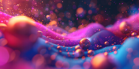 Wellenmotiv und Kugeln in leuchtenden Neon Farben und Lichter Bokeh als Hintergrundmotiv für Webdesign im Querformat für Banner
