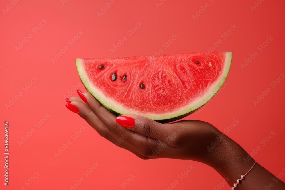 Poster hand holding a slice of watermelon against red background. studio shot with copy space. summer refre