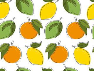 Citrus fruits seamless pattern. Fresh whole orange, lemon, lime with leaves background. Outline Tropical fruit. Doodle simple illustration. Package, wallpaper, cover design