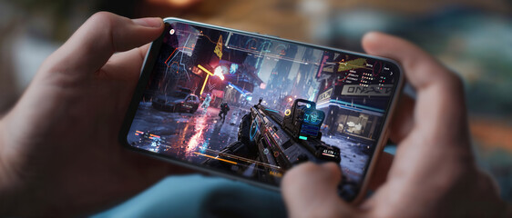 generic game UI design done by the contributor, mobile app action shooter AAA videogame gameplay design for mobile smartphone or web 3.0 playing to earn gaming banner