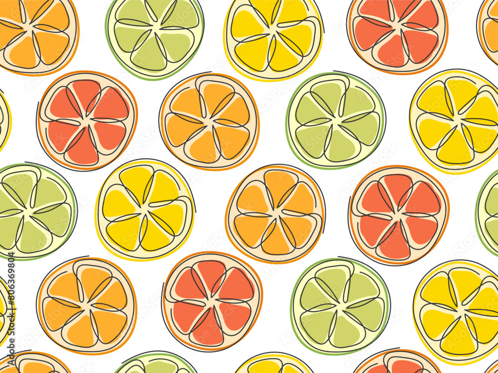 Aufkleber outline citrus slices seamless pattern. fresh abstract fruit background. continuous line drawn color