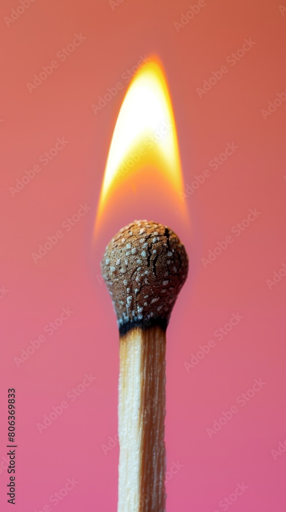 Aufkleber burning match with vibrant flame on pink background. macro shot with copy space. energy and fire con