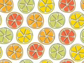 Outline Citrus slices seamless pattern. Fresh abstract fruit background. Continuous line drawn colorful lemon, lime, orange, grapefruit. Template for lemonade juice packaging, wallpaper