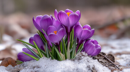 Blooming violet crocuses in spring, close up