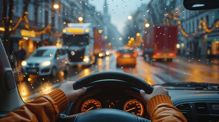 A person driving a car on a busy road at night in the rain.