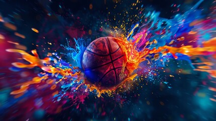 Basketball depicted in explosive color explosion.