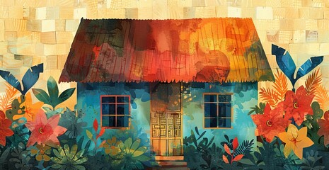 Filipino bahay kubo side by side pattern watercolor tile , generated with ai
