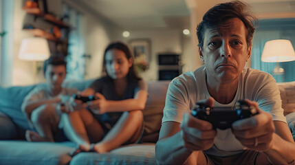 Naklejka premium Teens and parents playing video games quarrel over a competitive moment in the living room.