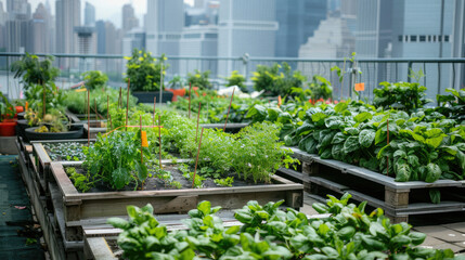 Fototapeta premium Urban garden on a city rooftop filled with green plants and vegetables.