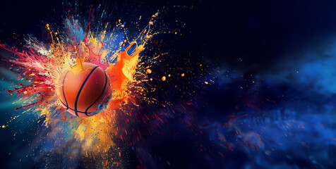 The moment a basketball bursts into a multitude of vibrant colored particles, releasing a powerful energy, banner.