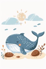 Cute boho nursery print of a blue whale, simple shape, perfect for kindergarten, pastel color, white background, generated with AI