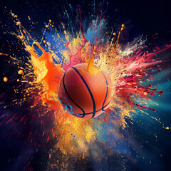 The moment a basketball bursts into a multitude of vibrant colored particles, releasing a powerful energy.