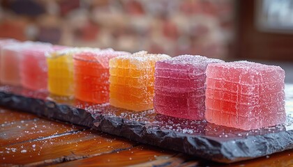 A variety of colorful gelatin candies are arranged on a slate plate. The candies are dusted with sugar and have a glossy finish. The background is a wooden table.