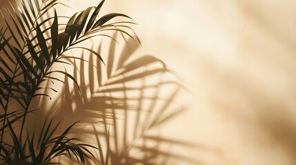 Shadows of Tropical Plants on a light brown Plaster Wall. Exotic Background for Product Presentation