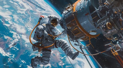 Detailed illustration of an astronaut controlling instruments and screens in a space station with a view of Earth in the background.
