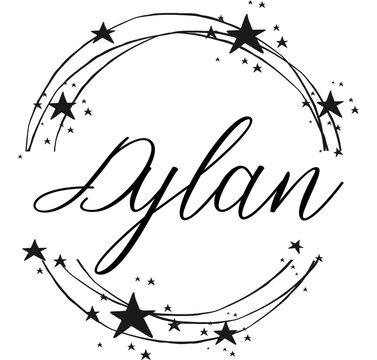 Dylan - name written between circles and stars, round logo, vector graphics for parties and Christmas period, banners, cards,, sweatshirt, prints, cricut, silhouette, sublimation	 