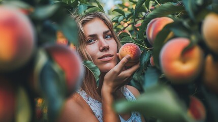 Woman picking a ripe peach from a tree - Powered by Adobe