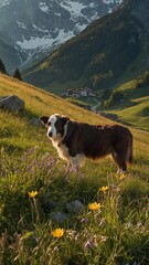 Brown, white dog stands in field of wildflowers, seemingly captivated by something in distance. Surrounding dog blossoms of yellow, purple, adding splash of color to lush green meadows.