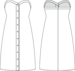 strapless sleeveless sweetheart neck buttoned short  tent dress denim jean shirt template technical drawing flat sketch cad mockup fashion woman design style model
