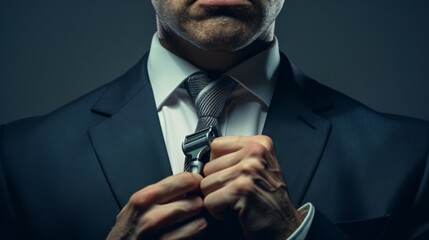 Man in suit holding a foil shaver in the place of a necktie photorealistic , generated with ai