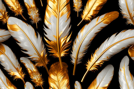 Black background with gold and black feathers.