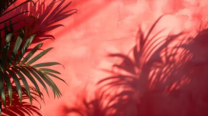 Shadows of Tropical Plants on a light red Plaster Wall. Exotic Background for Product Presentation
