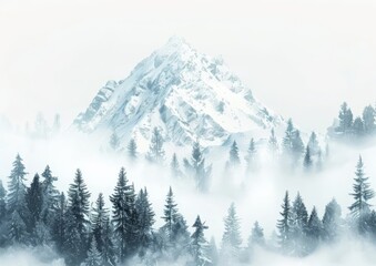 Misty snowy mountain with pine forest, soft edges blurring and fading into white background, ultrarealistic, 4k , generated with ai