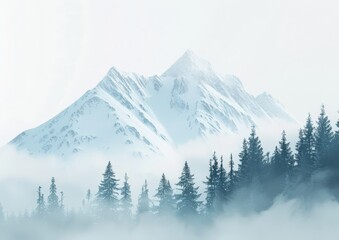 Misty snowy mountain with pine forest, soft edges blurring and fading into white background, ultrarealistic, 4k , generated with ai