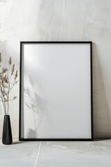 Mockup of a black wood thick frame with white matte against a plain white wall, frame ratio 2:3 , generated with ai