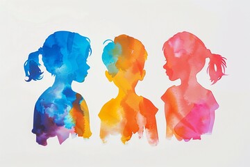 Colorful silhouettes of children on white background.