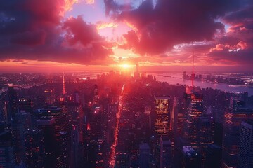 A beautiful sunset over a city. The warm colors of the sky and the lights of the city create a stunning scene.