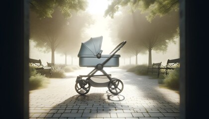 Elegant Baby Stroller Outdoors in Bright Empty Environment